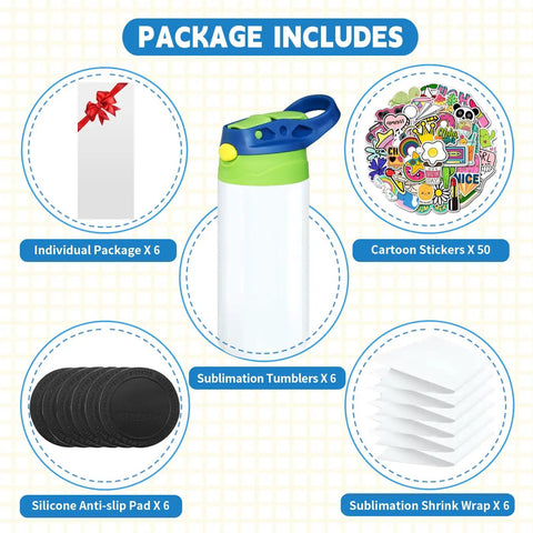 Package includes Six Pack 12 Oz Sublimation Tumbler Blanks For DIY Heat Press Crafting Totally Fun Kids Sippy Cups Stainless Steel