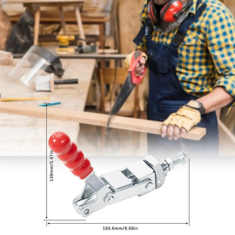 2 Pack Heavy Duty Push Pull Toggle Clamp 36224 Rock Solid 700 Lb Grip Quick Release Workholding Fixture For Metal Fabrication And Woodworking Shop Beast With Easy Action Steel Frame on workbench with tool and wood piece.