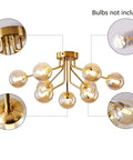 Sleek 9 Light Sputnik Chandeliers with dope brass finish and glass globe orbs, mid century ceiling light fixture details
