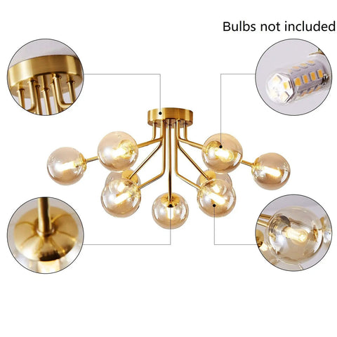 Sleek 9 Light Sputnik Chandeliers with dope brass finish and glass globe orbs, mid century ceiling light fixture details