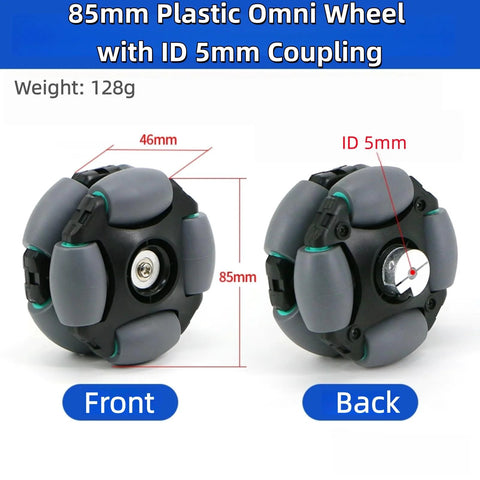 Front view of 85mm plastic omni wheel with rubber tire, grey rollers and teal accents

Back view of 85mm plastic omni wheel with rubber tire, grey rollers, teal accents and 5mm ID coupling
