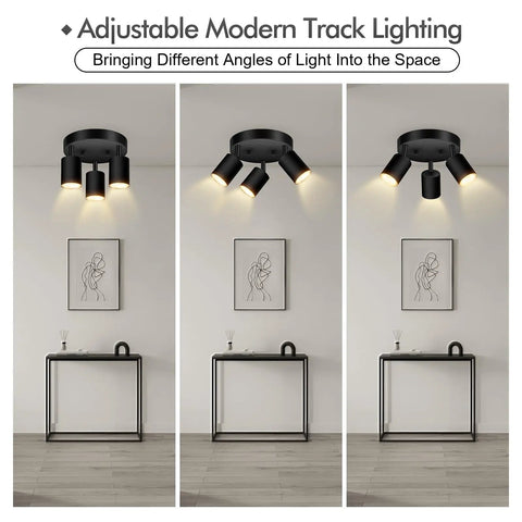 Three Light Matte Black Track Lighting Kit With Adjustable GU10 Heads for Ceiling and Wall Mount shown in three angles