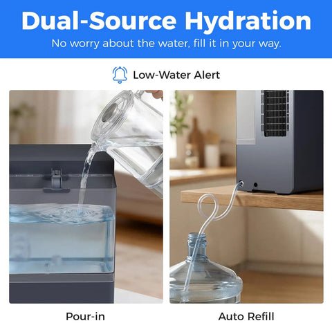 Dual-source hydration feature of 3-In-1 Water Dispenser With Ice Maker And Coffee Brewer For Home Or Office, showing pour-in and auto refill options.