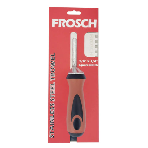 Stainless Steel Square Notch Tile Trowel One Quarter Inch By One Quarter Inch Pro Grade Heavy Duty Construction With Comfort Grip Handle on red packaging