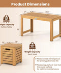 Dimensions of Acacia Wood Outdoor Coffee Table With Stools Three Piece Patio Set With Hidden Storage, showing weight capacities.