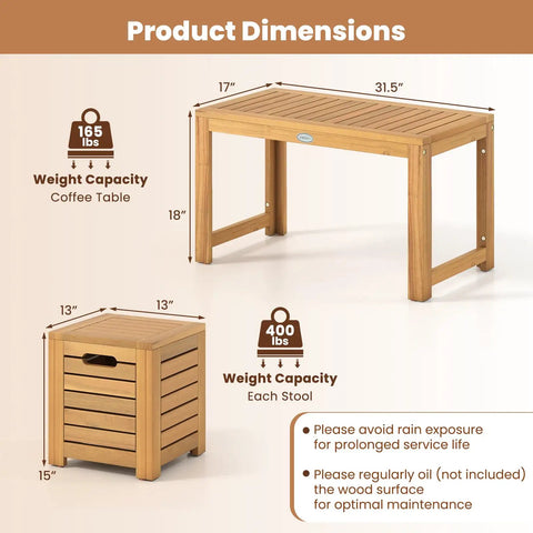 Dimensions of Acacia Wood Outdoor Coffee Table With Stools Three Piece Patio Set With Hidden Storage, showing weight capacities.