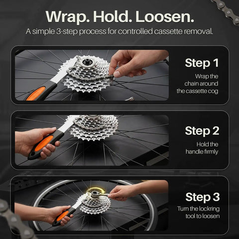 Steps showing use of Heavy Duty Chain Whip Bike Tool For Easy Cassette Removal With Non Slip Rubber Grip Handle for pro bike maintenance.
