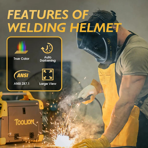 Workhorse Large Viewing Auto Darkening Welding Helmet With True Color Lens in use for welding, showing features and benefits.