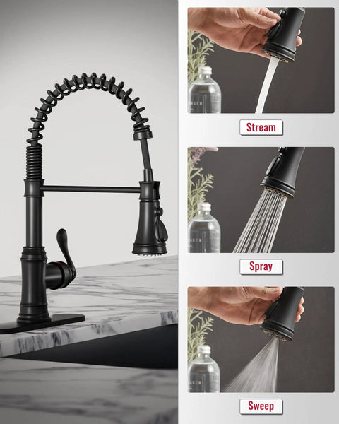 Matte Black Kitchen Faucet With Pull Down Sprayer Single Handle High Arc Three Function Waterway Solid Brass Spring Commercial Sink Faucet For Farmhouse Laundry Utility RV Wet Bar With Killer Flow And Easy Install showing stream, spray, and sweep functions
