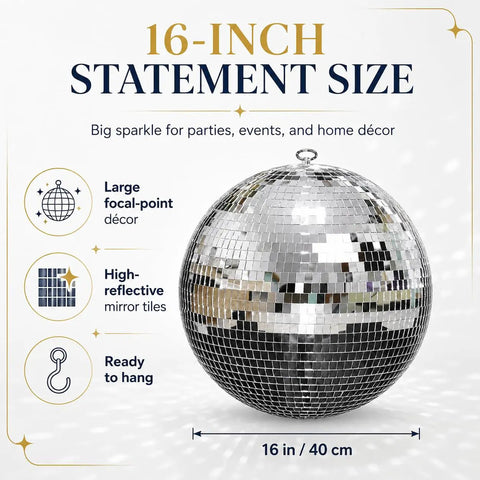 Disco Ball 16 Inch Large Hanging Mirror Ball Decor For Party Decorations Weddings Events Christmas Home Celebration with easy hanging ring.