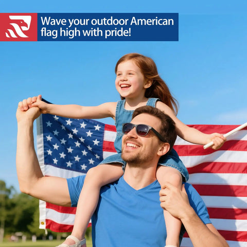 Built Tough Durable Nylon Outdoor Flag 3x5 Ft Waterproof Embroidered All Weather US Made Heavy Duty American Flag For Porch Garden Patio Or Exterior Use Tear Resistant Windproof Home Flag displayed outdoors with people