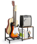 Vintage Brown Guitar Amp Stand With Double Rack For Acoustic Electric Bass And Ukulele Storage Holder displaying guitars and amp.