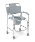 Rock Solid Aluminum Shower Chair Commode With Plush Padded Seat And Smooth Roll Locking Casters leveled front view, showing armrests and wheels.