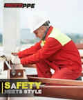 Worker wearing Full Brim Hard Hat For Construction Safety, OSHA Certified And ANSI Z89 Type 1 Class E G C, working on site.