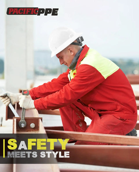 Worker wearing Full Brim Hard Hat For Construction Safety, OSHA Certified And ANSI Z89 Type 1 Class E G C, working on site.