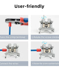 Step-by-step guide to using All-In-One Terminal Blocks Kit for DIY and Pro-Grade Projects, showing wire crimping and connection.