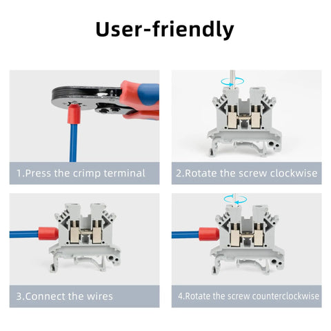 Step-by-step guide to using All-In-One Terminal Blocks Kit for DIY and Pro-Grade Projects, showing wire crimping and connection.