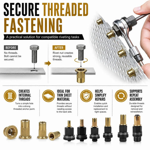 Metric Threaded Insert Kit With Replacement Mandrels For M3 M4 M5 M6 M8 And M10 Sizes Includes Rivet Nut Inserts For Quick Repairs And Strong Fasteners Perfect For Workshop Maintenance And DIY Fabrication Projects, rivet nut tool kit for sheet metal