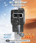 Wall Mount Retractable Garden Hose Reel with 100 ft Hose in all-weather settings, showing resistance to 23F and 140F.
