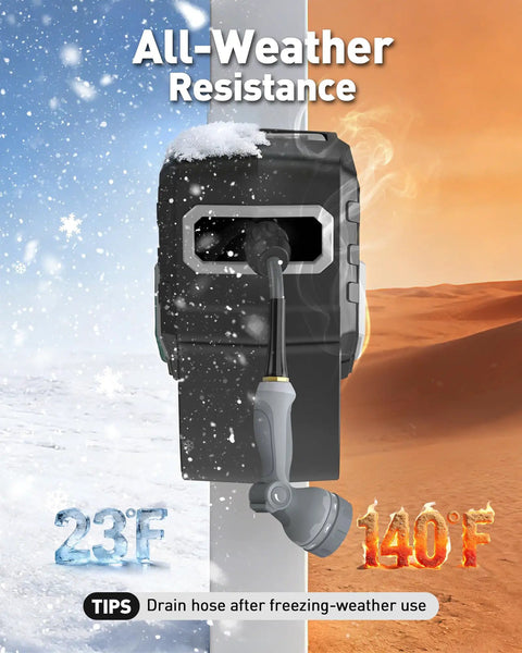 Wall Mount Retractable Garden Hose Reel with 100 ft Hose in all-weather settings, showing resistance to 23F and 140F.