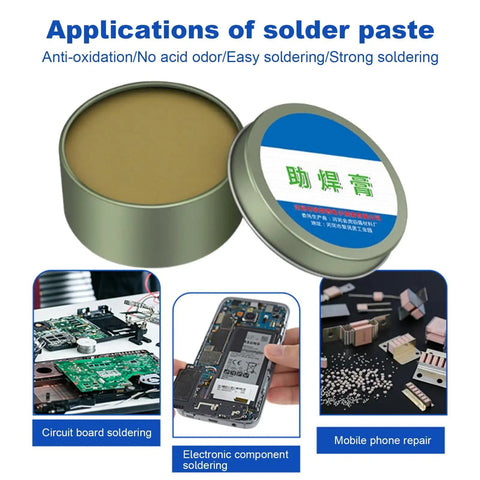 100G No Clean Flux Paste For Soldering And Electronics Repair Pro Grade Easy To Use Flux Cream With Non Corrosive Formula Leaves Minimal Clear Residue Ideal For PCB LED Phone Computer Chips And Home Workshop Projects shown with open container and examples of applications in soldering, phone repair, and electronics.