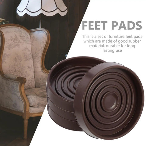 Four pack brown rubber furniture foot pads for chair and table legs non slip round protectors easy to install reduces friction