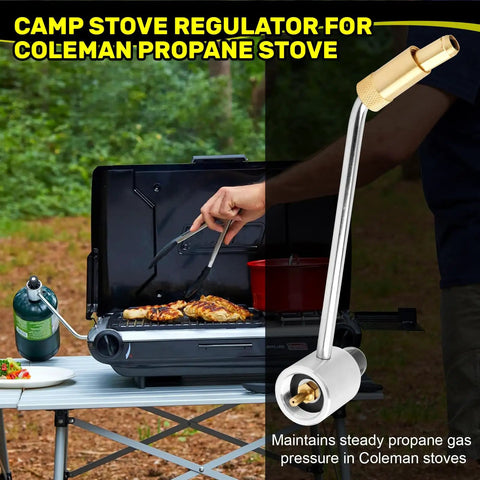 5430 Stove Pressure Regulator Replacement Part compatible with Coleman Propane Stove shown in use cooking outdoors