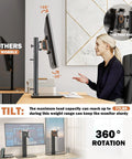 Free Standing Monitor Stand Riser For 13 To 32 Inch LCD Screen With Swivel Height Adjustable Rotation And VESA Compatibility 50x50 75x75 100x100 Holds One Screen Up To 77 Lbs showcasing tilt and 360° rotation features on a desk.