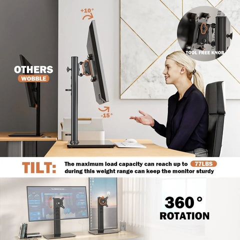 Free Standing Monitor Stand Riser For 13 To 32 Inch LCD Screen With Swivel Height Adjustable Rotation And VESA Compatibility 50x50 75x75 100x100 Holds One Screen Up To 77 Lbs showcasing tilt and 360° rotation features on a desk.
