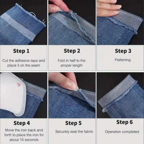 Step-by-step guide using One Roll No Sew Hemming Tape With Heat Fusible Bonding for clothing repairs on denim.