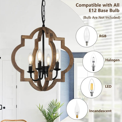 Dope Farmhouse Chandelier 4-Light Pendant Light For Dining Room Table Rustic White Distressed Wood Orb With Black Sockets Perfect For Kitchen Island Living Room And Foyer compatible bulbs
