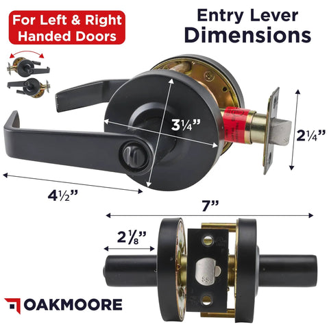 Black Commercial Door Lever Lockset Grade 2 Heavy Duty Keyed Entry dimensions guide, showing left and right-handed usability.