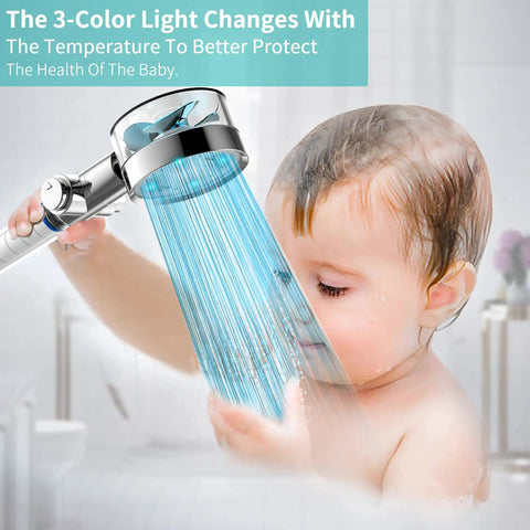 Baby using LED Shower Head With Handheld And 3 Color Temperature Changing Light Water Powered No Batteries High Pressure