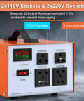 Heavy Duty 3000W Voltage Converter With LCD Display showing 4 outlets, toggle switch, handle, 220V and 110V sockets visible