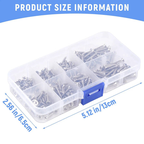 Clear plastic box with 200 Pcs M3 Stainless Steel Flat Head Screws Set, dimensions 5.12 in by 2.56 in visible, organized for DIY projects.