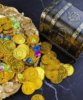 Pirate Treasure Chest Toy With Lock For Kids featuring coins, gems, and antique brass finish storage box.