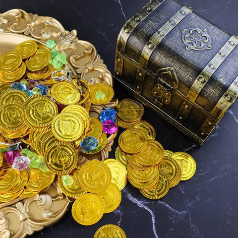 Pirate Treasure Chest Toy With Lock For Kids featuring coins, gems, and antique brass finish storage box.