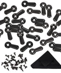 Black picture-frame turn button fasteners with 300 screws and cleaning cloth, top-down view.