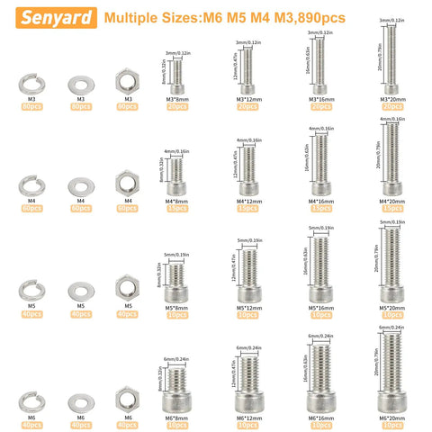 Diagram of DIY Ready 890 Piece Metric Screw Set With M3 M4 M5 M6 Bolts, Nuts, Lock And Flat Washers, Socket Head Cap Screws