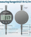 ALLmeter digital bore gauge with LCD display and 12 interchangeable probes; front and rear views.