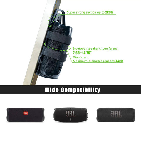 Magnetic Speaker Mount for Golf Carts Boats ATVs and UTVs; speaker secured to rail with straps, showing compatibility sizes.
