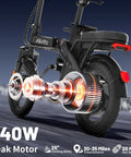 Close-up of foldable electric bike motor showing 740W peak power, part of a compact 14-inch folding e-bike for adults and teens.