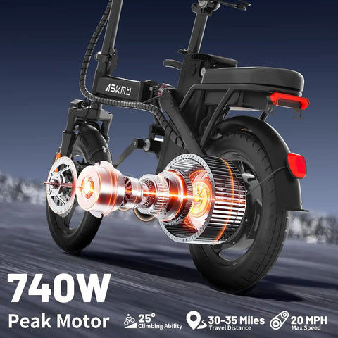 Close-up of foldable electric bike motor showing 740W peak power, part of a compact 14-inch folding e-bike for adults and teens.