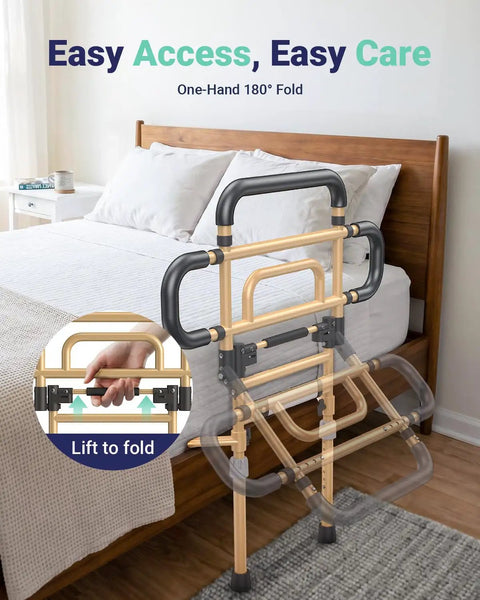 Must-Have 180-Degree Foldable Bed Rail For Seniors with one-hand fold feature and grip-friendly khaki design next to a bed
