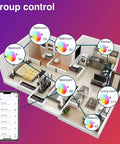Smart home layout showing RGB LED Recessed Ceiling Lights Six Pack Dimmable Smart Downlights with app control in various rooms.