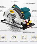 Angled front view of Enventor 7-1/4-inch circular saw with laser guide, blue aluminum chassis, 10A motor