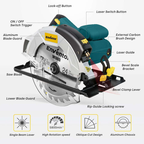 Angled front view of Enventor 7-1/4-inch circular saw with laser guide, blue aluminum chassis, 10A motor