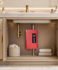 Rock Solid 3000W Instant Electric Hot Water Heater With Built Like A Tank Cast Aluminum Shell And Bright Digital Display under sink.