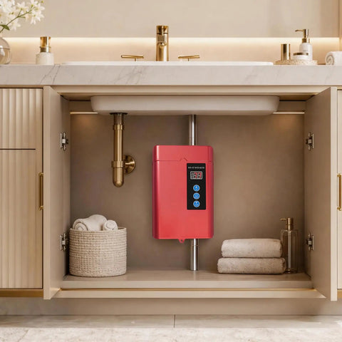 Rock Solid 3000W Instant Electric Hot Water Heater With Built Like A Tank Cast Aluminum Shell And Bright Digital Display under sink.