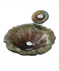 Modern Lotus Leaf Vessel Sink Solid Tempered Glass Countertop Basin with detailed leaf design and polished drain, suitable for bathroom use.